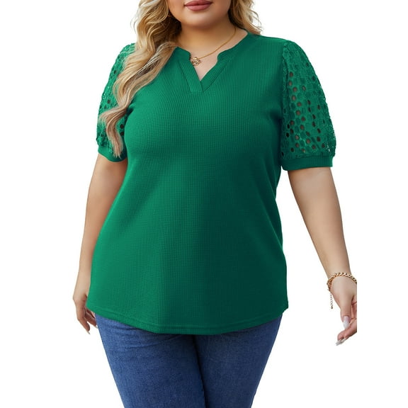 Cueply Women's Plus Size Tops Summer Short Sleeve Dressy Casual Blouse Shirts Waffle Knit Lace