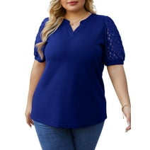Cueply Women's Plus Size Tops Summer Short Sleeve Dressy Casual Blouse Shirts Waffle Knit Lace