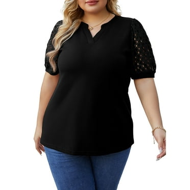 Cueply Women's Plus Size Tops Summer Short Sleeve Dressy Casual Blouse Shirts Waffle Knit Lace