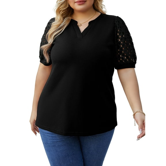 Cueply Women's Plus Size Tops Summer Short Sleeve Dressy Casual Blouse Shirts Waffle Knit Lace