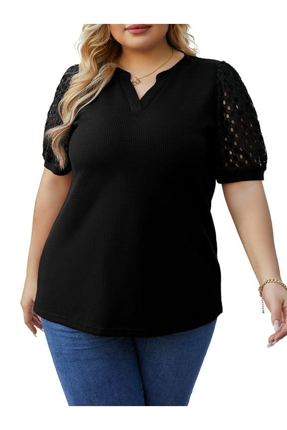 Women's Plus Size Tops Summer Short Sleeve Dressy Casual Blouse Shirts Waffle Knit Lace