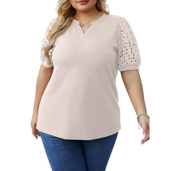 Cueply Women's Plus Size Tops Summer Short Sleeve Dressy Casual Blouse Shirts Waffle Knit Lace