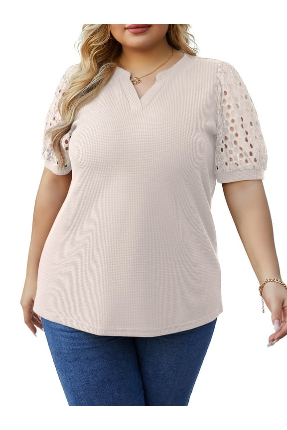 Women's Plus Size Tops Summer Short Sleeve Dressy Casual Blouse Shirts Waffle Knit Lace