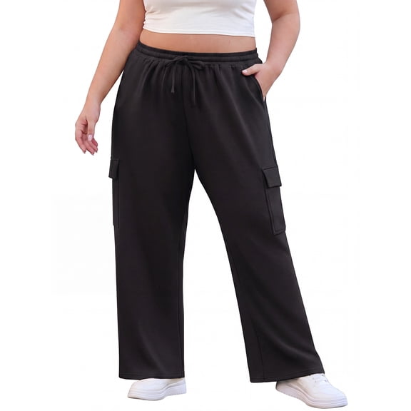 Cueply Women's Plus Size Wide Leg Cargo Sweatpants High Waisted Drawstring Lounge Pants with Pockets