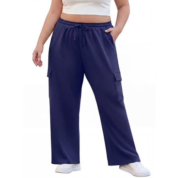 Cueply Women's Plus Size Wide Leg Cargo Sweatpants High Waisted Drawstring Lounge Pants with Pockets