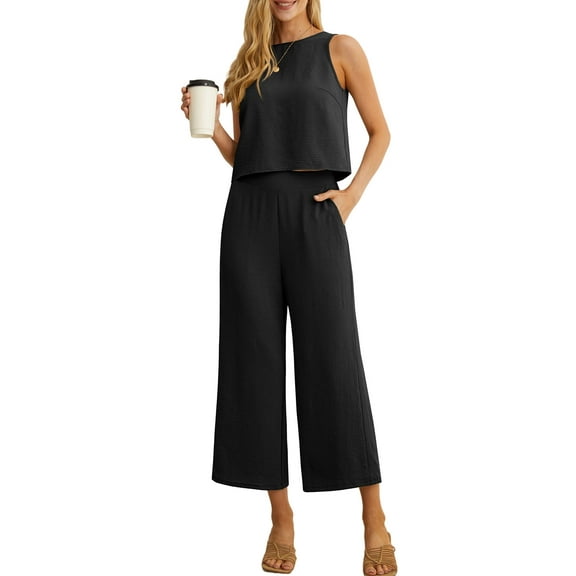 Cueply Women's Summer 2 Piece Outfits Lounge Sets Sleeveless Crop Top Wide Leg Cropped Pants with Pockets