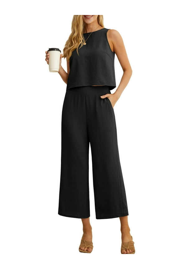 Women's Summer 2 Piece Outfits Lounge Sets Sleeveless Crop Top Wide Leg Cropped Pants with Pockets