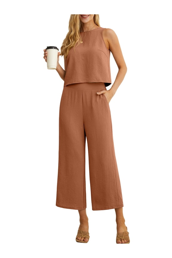 Women's Summer 2 Piece Outfits Lounge Sets Sleeveless Crop Top Wide Leg Cropped Pants with Pockets