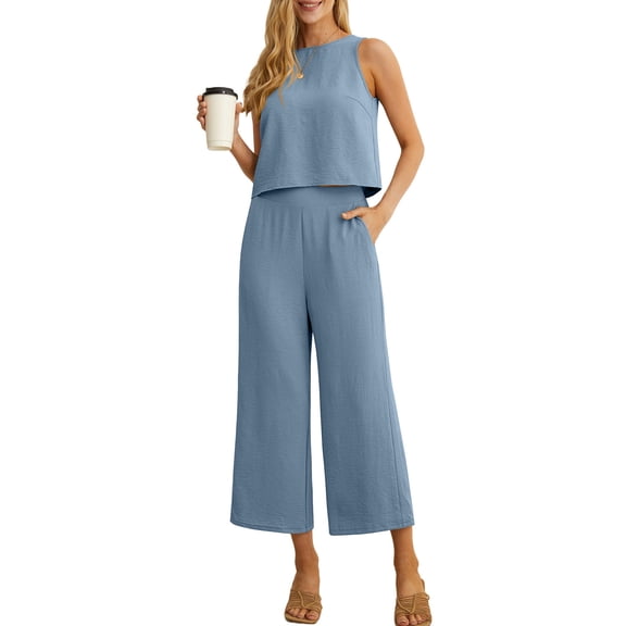 Cueply Women's Summer 2 Piece Outfits Lounge Sets Sleeveless Crop Top Wide Leg Cropped Pants with Pockets