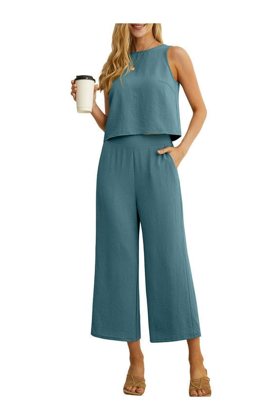 Women's Summer 2 Piece Outfits Lounge Sets Sleeveless Crop Top Wide Leg Cropped Pants with Pockets
