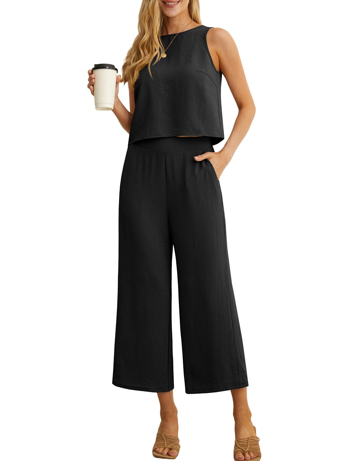 Tube Crop Top With 2 Pocket Wide Leg Pant Suit Set
