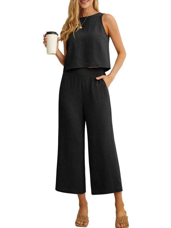 Women's Summer 2 Piece Outfits Lounge Sets Sleeveless Crop Top Wide Leg Cropped Pants with Pockets