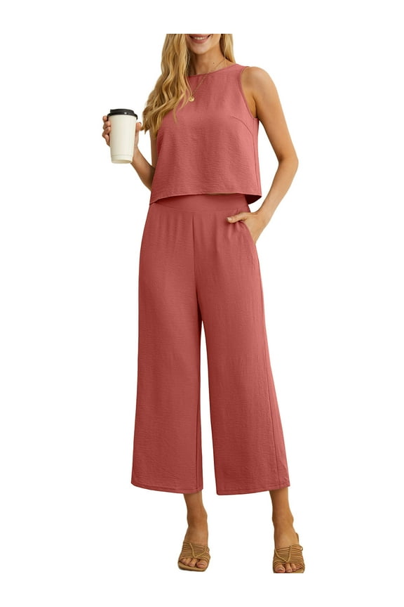 Women's Summer 2 Piece Outfits Lounge Sets Sleeveless Crop Top Wide Leg Cropped Pants with Pockets