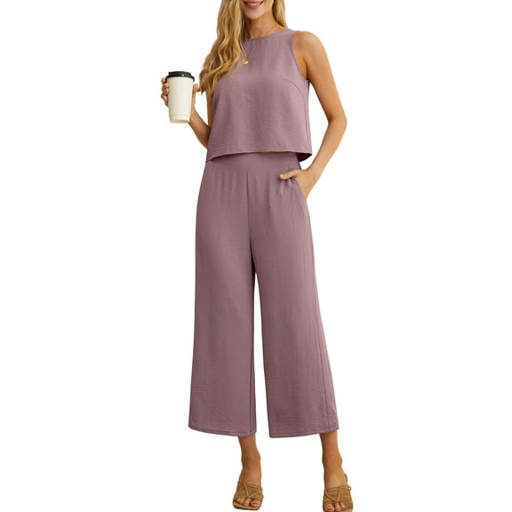 Cueply Women's Summer 2 Piece Outfits Lounge Sets Sleeveless Crop Top Wide Leg Cropped Pants with Pockets