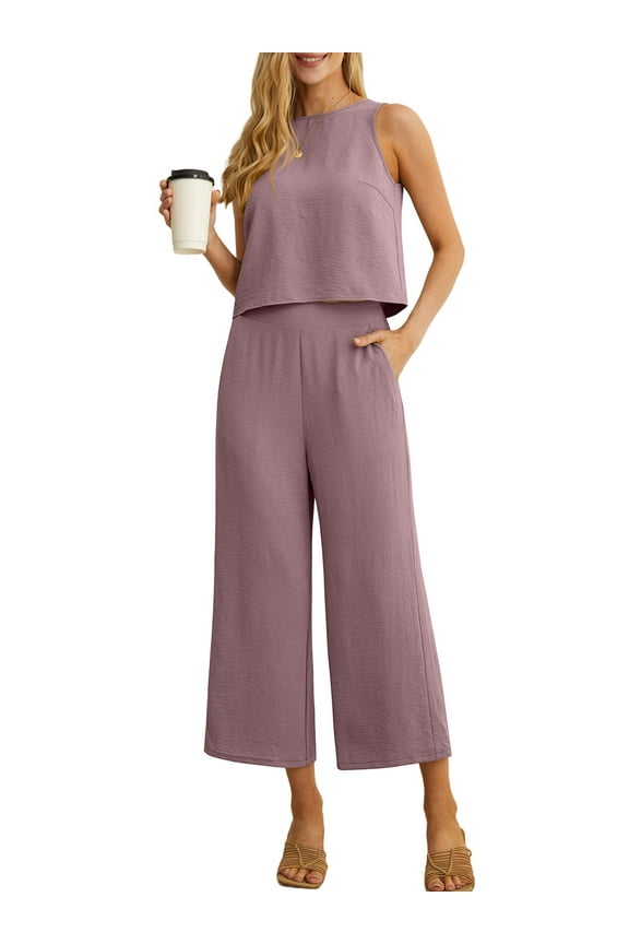 Women's Summer 2 Piece Outfits Lounge Sets Sleeveless Crop Top Wide Leg Cropped Pants with Pockets