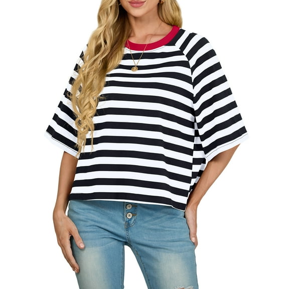 Cueply Tops for Women Summer Short Sleeve T Shirts Striped Design Fashion Crewneck Casual Loose Basic Tee Shirts