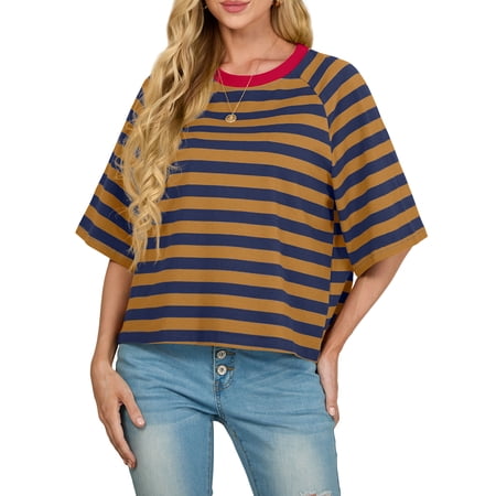 Cueply Tops for Women Summer Short Sleeve T Shirts Striped Design Fashion Crewneck Casual Loose Basic Tee Shirts price history and forecast - Cueply CPY197066