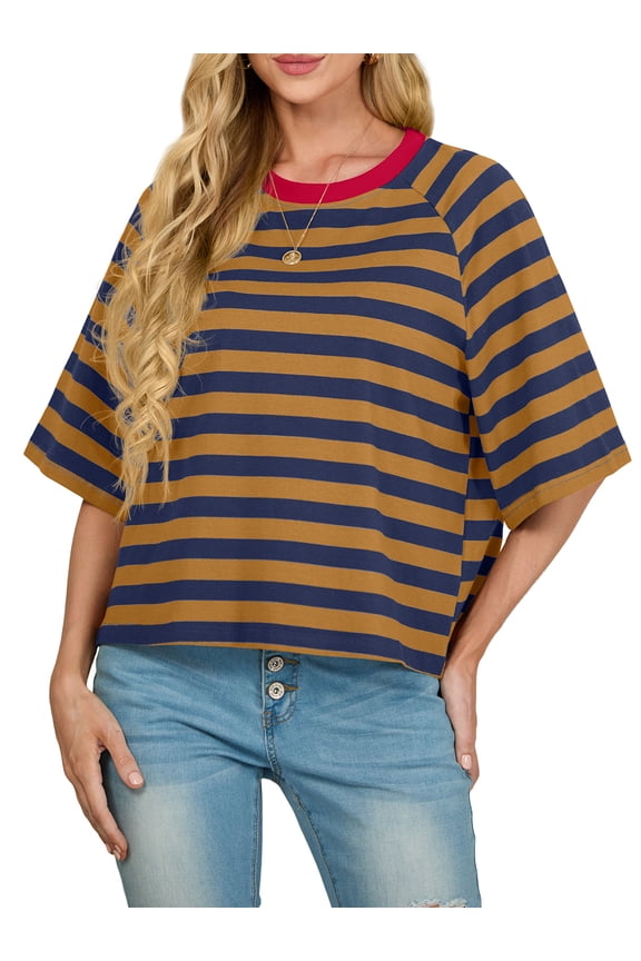 Tops for Women Summer Short Sleeve T Shirts Striped Design Fashion Crewneck Casual Loose Basic Tee Shirts