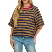 Cueply Women's Summer Short Sleeve Striped Oversized T Shirts Color Block Crewneck Design Tops Casual Loose Basic Tee Shirts Brown Blue Stripe M