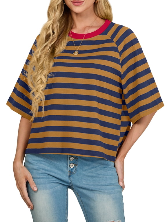 Tops for Women Summer Short Sleeve T Shirts Striped Design Fashion Crewneck Casual Loose Basic Tee Shirts