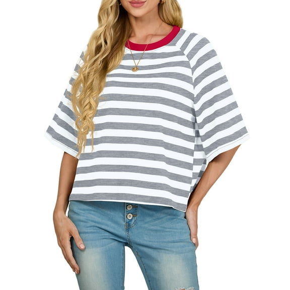 Cueply Tops for Women Summer Short Sleeve T Shirts Striped Design Fashion Crewneck Casual Loose Basic Tee Shirts
