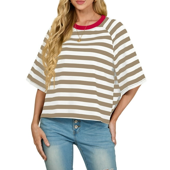 Cueply Tops for Women Summer Short Sleeve T Shirts Striped Design Fashion Crewneck Casual Loose Basic Tee Shirts