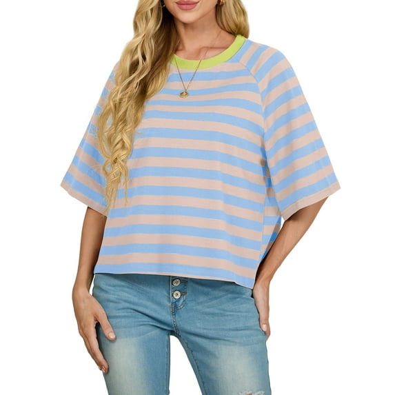 Cueply Tops for Women Summer Short Sleeve T Shirts Striped Design Fashion Crewneck Casual Loose Basic Tee Shirts
