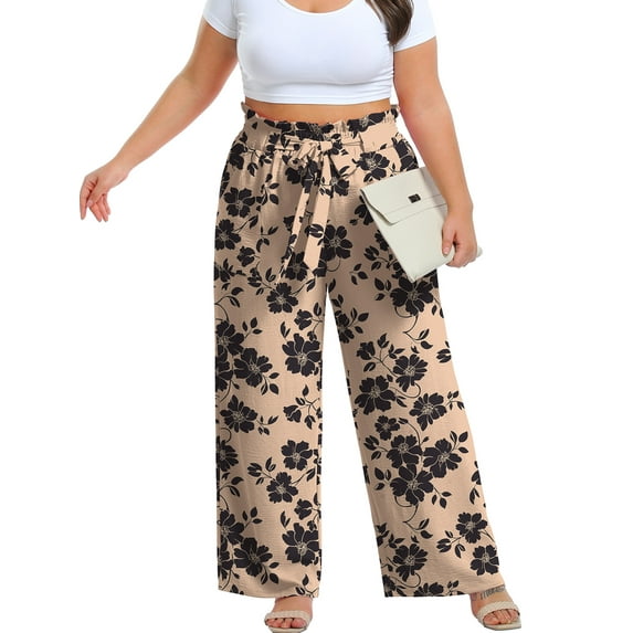 Cueply Women's Wide Leg Pants Plus Size Elastic Tie Knot Lounge Pants Loose Trousers with Pockets
