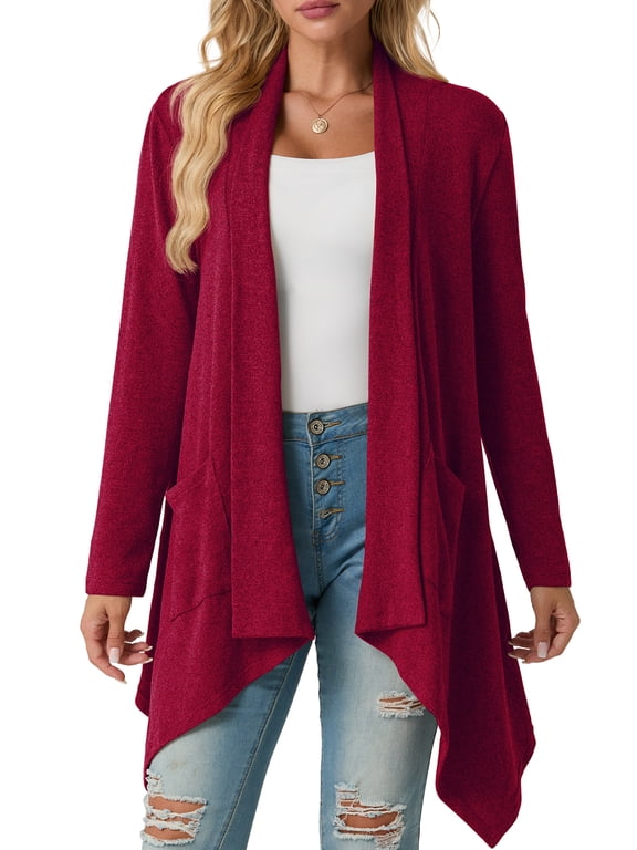 Womens Cardigan Long Sleeve Knit Soft Fall Open Front Duster Lightweight Coat with Pocketes