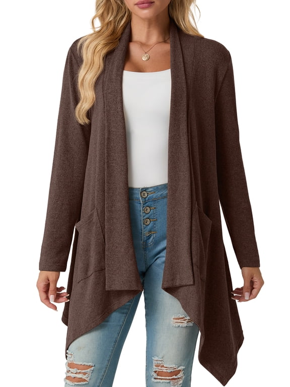 Womens Cardigan Long Sleeve Knit Soft Fall Open Front Duster Lightweight Coat with Pocketes