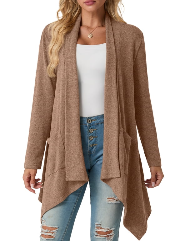 Womens Cardigan Long Sleeve Knit Soft Fall Open Front Duster Lightweight Coat with Pocketes