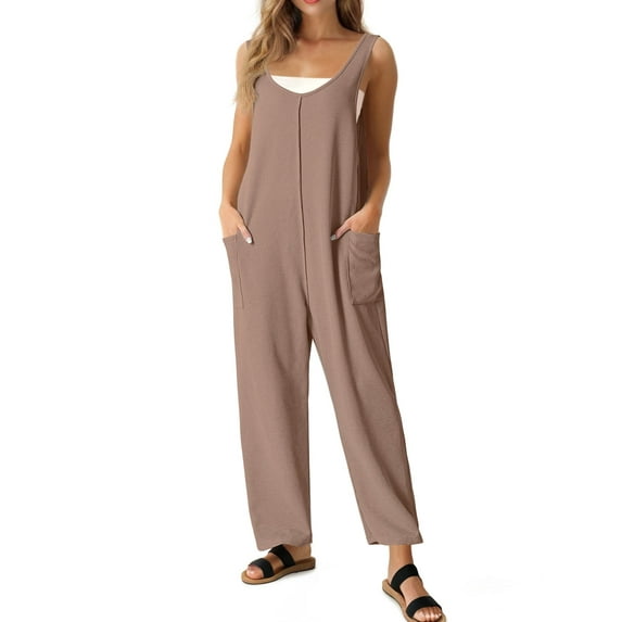 Cueply Womens Casual Knit Jumpsuits Sleeveless V Neck Trendy Long Pants Overalls with Pockets All Seasons