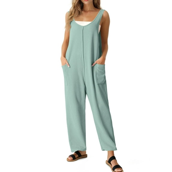 Cueply Womens Casual Knit Jumpsuits Sleeveless V Neck Trendy Long Pants Overalls with Pockets All Seasons