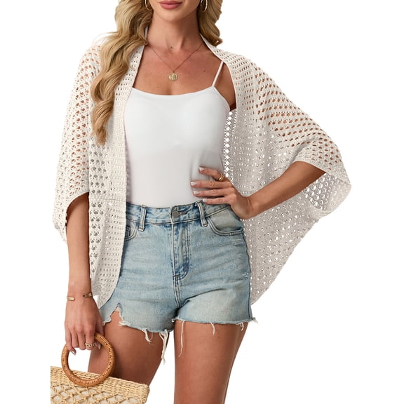 Womens Crochet Cardigan Lightweight Open Front Beach Cover Up Knit Long Dolman Sleeves Summer Outfits