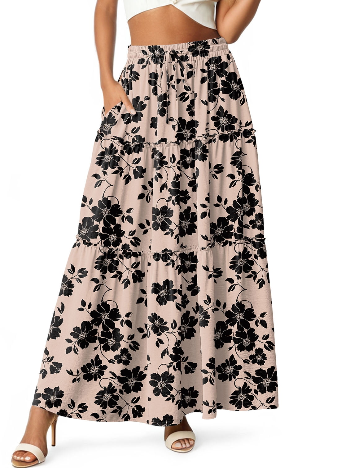 Cueply Womens Flowy Long Maxi Skirt Pleated Elastic High Waist ...