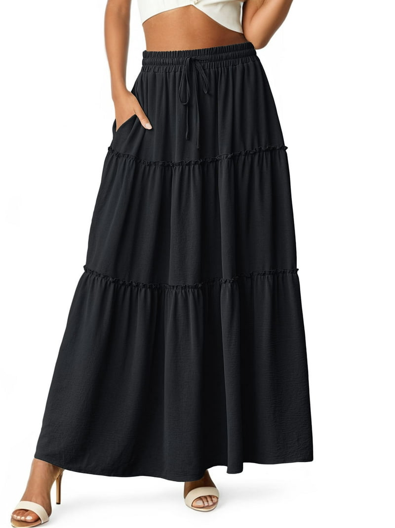 Cueply Womens Lightweight Maxi Skirt, Pleated Elastic Waist