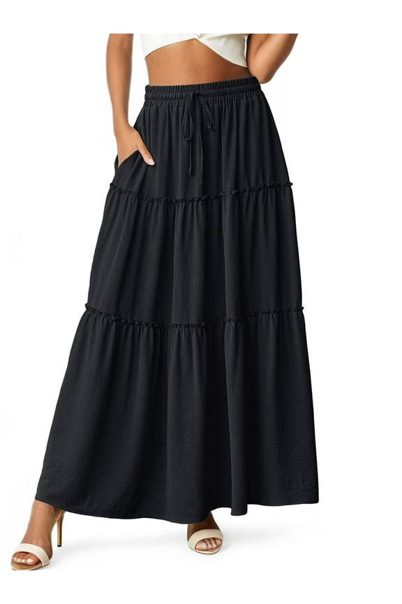 Womens Flowy Long Maxi Skirt Pleated Elastic High Waist Drawstring Tiered Skirts with Pockets