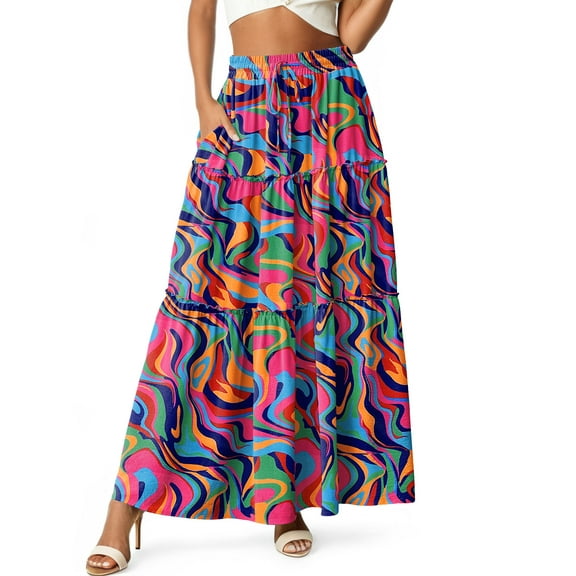 Cueply Womens Flowy Long Maxi Skirt Pleated Elastic High Waist Drawstring Tiered Skirts with Pockets