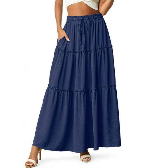Cueply Womens Flowy Long Maxi Skirt Pleated Elastic High Waist Drawstring Tiered Skirts with Pockets