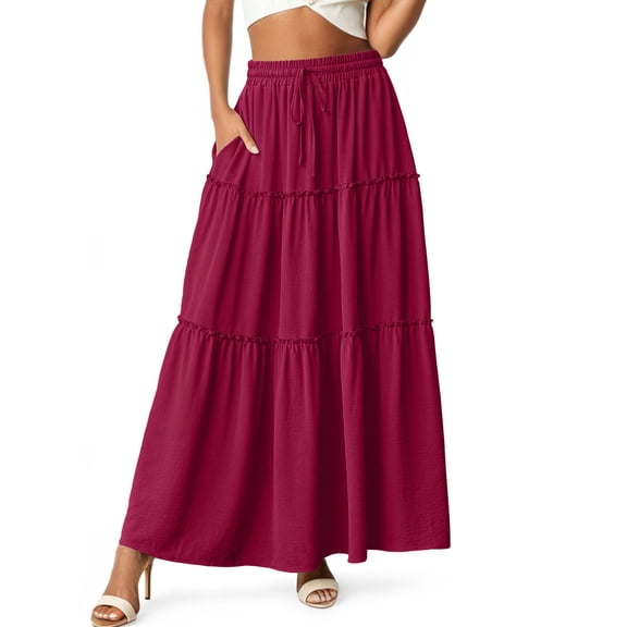 Cueply Womens Flowy Long Maxi Skirt Pleated Elastic High Waist Drawstring Tiered Skirts with Pockets