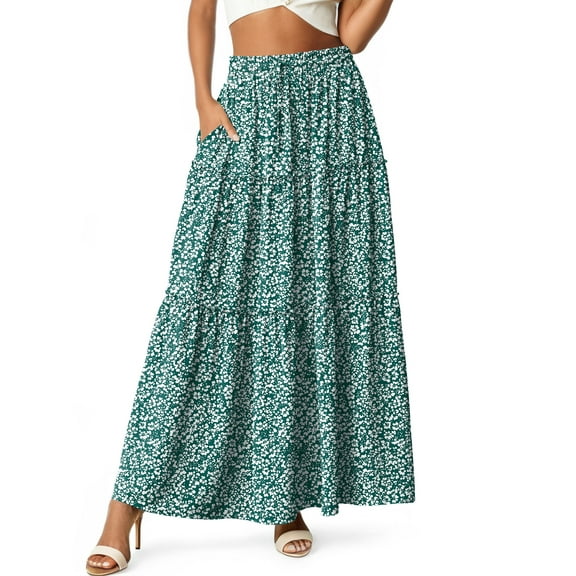Cueply Womens Flowy Long Maxi Skirt Pleated Elastic High Waist Drawstring Tiered Skirts with Pockets