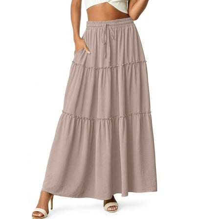 Cueply Womens Flowy Long Maxi Skirt Pleated Elastic High Waist Drawstring Tiered Skirts with Pockets
