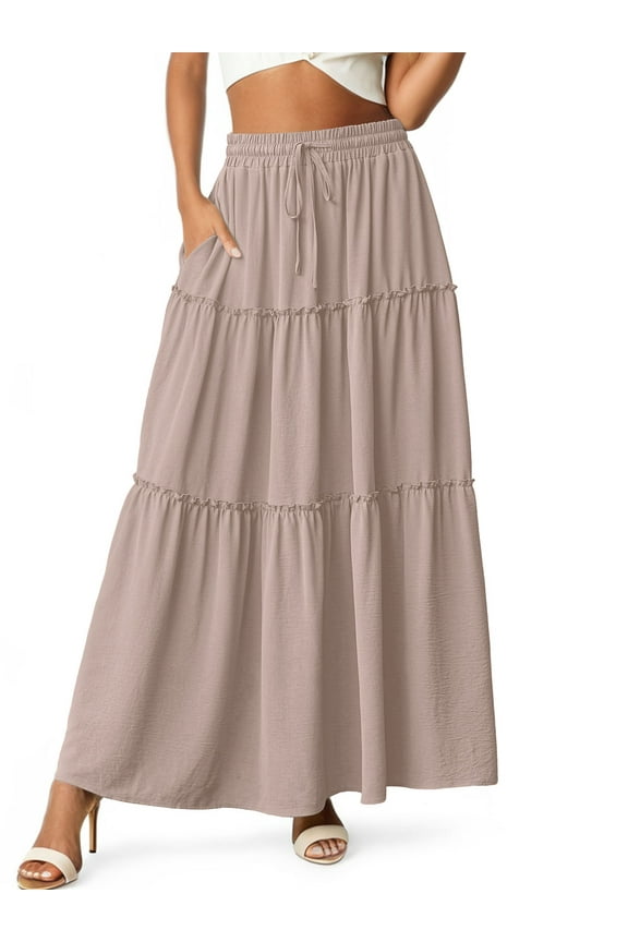 Womens Flowy Long Maxi Skirt Pleated Elastic High Waist Drawstring Tiered Skirts with Pockets