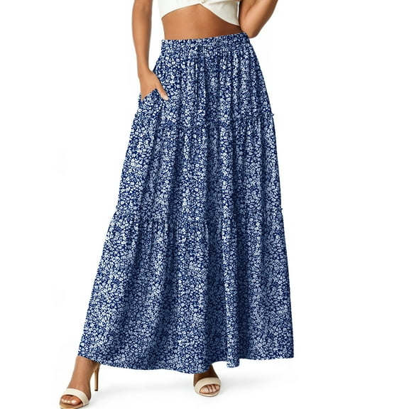 Cueply Womens Flowy Long Maxi Skirt Pleated Elastic High Waist Drawstring Tiered Skirts with Pockets