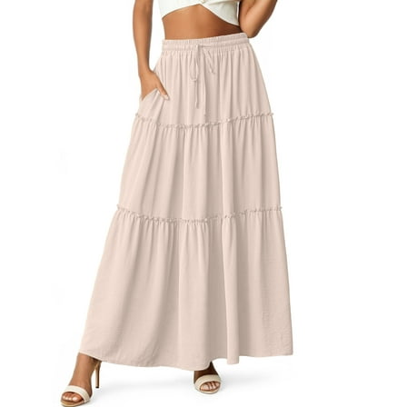 Cueply Womens Flowy Long Maxi Skirt Pleated Elastic High Waist Drawstring Tiered Skirts with Pockets