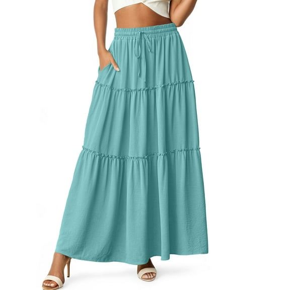 Cueply Womens Flowy Long Maxi Skirt Pleated Elastic High Waist Drawstring Tiered Skirts with Pockets