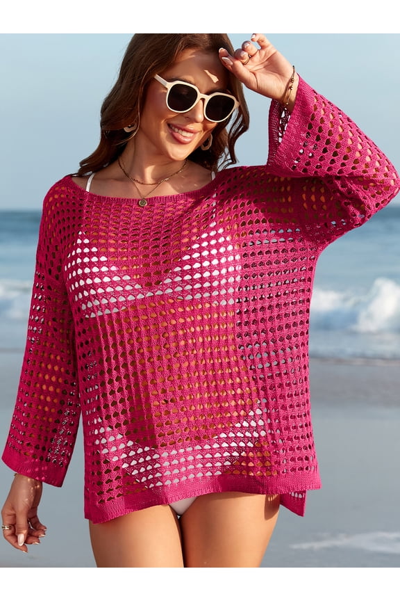 Swimsuit Coverup for Women Crochet Long Sleeve Bikini Beach Cover Up Tops Summer Vacation Outfits