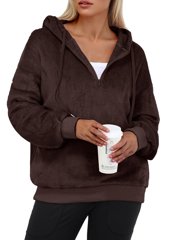 Hoodies for Women Fleece Half Zip Pullover Tops Fall Winter Hooded Sweatshirt Jacket Coat with Pockets