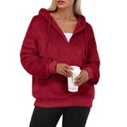 Hoodies for Women Fleece Half Zip Pullover Tops Fall Winter Hooded Sweatshirt Jacket Coat with Pockets