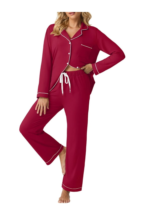 Womens Pajama Sets Long Sleeve Knit Button Down Pj Lounge Sets Sleepwear with Drawstring Pockets